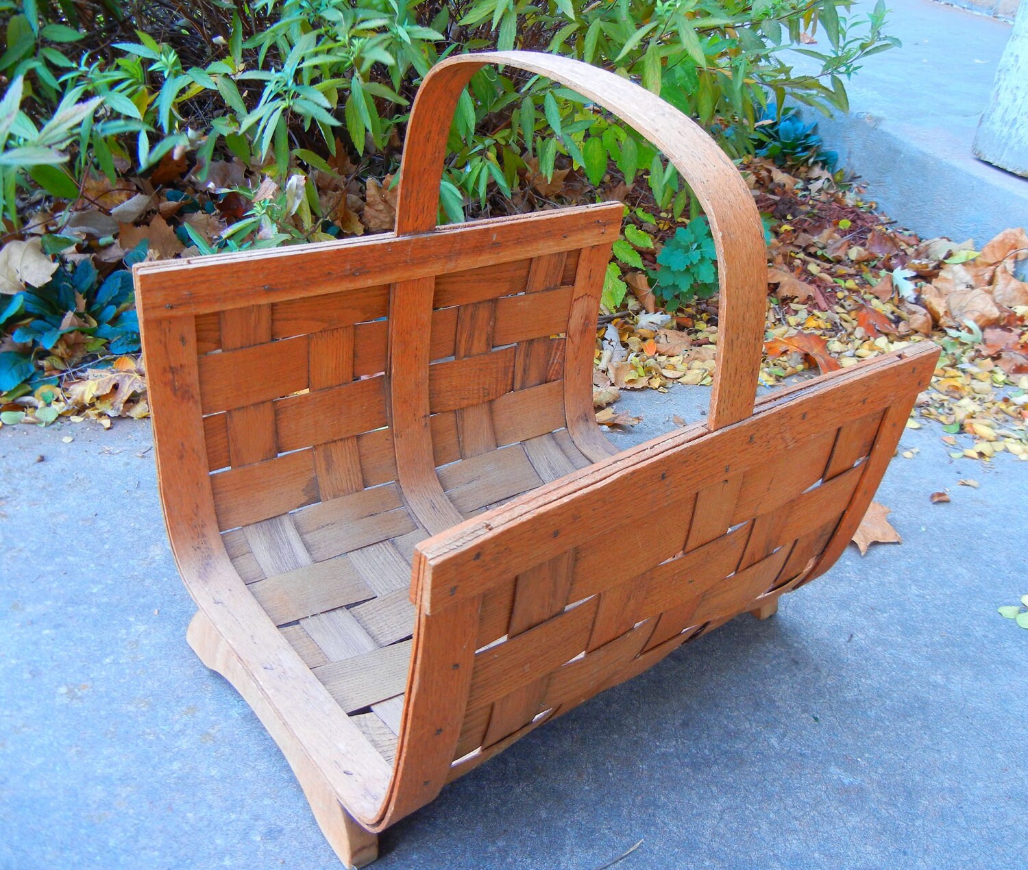 Bent Oak Firewood Carrier Basket Woven in Rustic Cabin Style