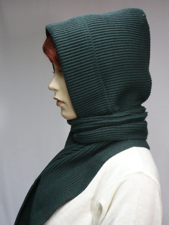 Warm Knit Hood and Shawl Combi in Dark Green Hooded Scarf for