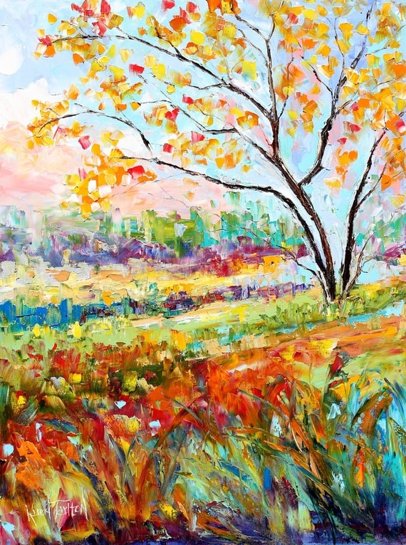 Original Oil Painting Fall Impasto Tree Landscape Abstract