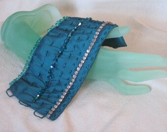 Handmade Teal Dupioni Silk Cuff with Rhinestones, glass beads and Swarovski crystal beads