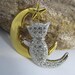 Vintage Kitty on the Moon Rhinestone and Gold and Silver tone Metal Brooch