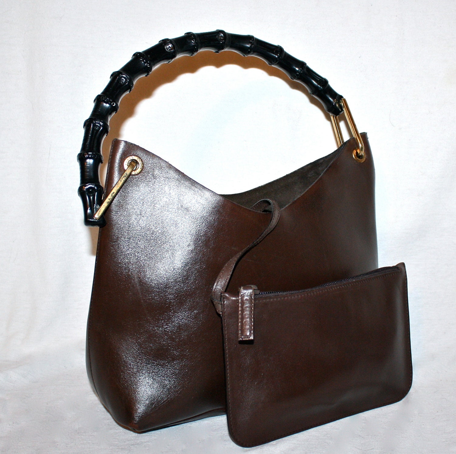 Vintage GUCCI Tote Brown Leather Black Bamboo Handle Handbag