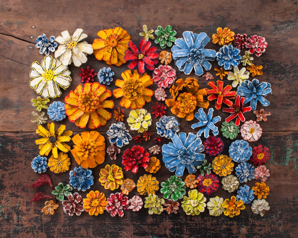 Vintage Hand Painted Folk Art Pine Cones Large Colorful Lot