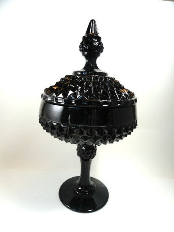 Vintage Indiana Black Glass Covered Pedestal Candy/Nut Dish