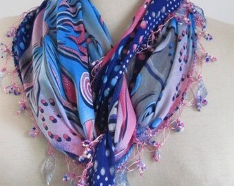 Fashion Accessories - Valentines day gift - Fringed Guipure Scarf -Fabric Knitted Lace Scarf - Shawl Scarf Cowl Scarf - Long Scarf