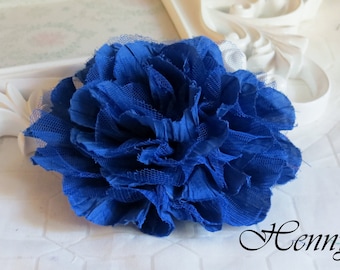1 pc New Large Shabby Chic Frayed Wrinkled Cotton Voile and Tulle Rose Fabric Flower - Royal blue