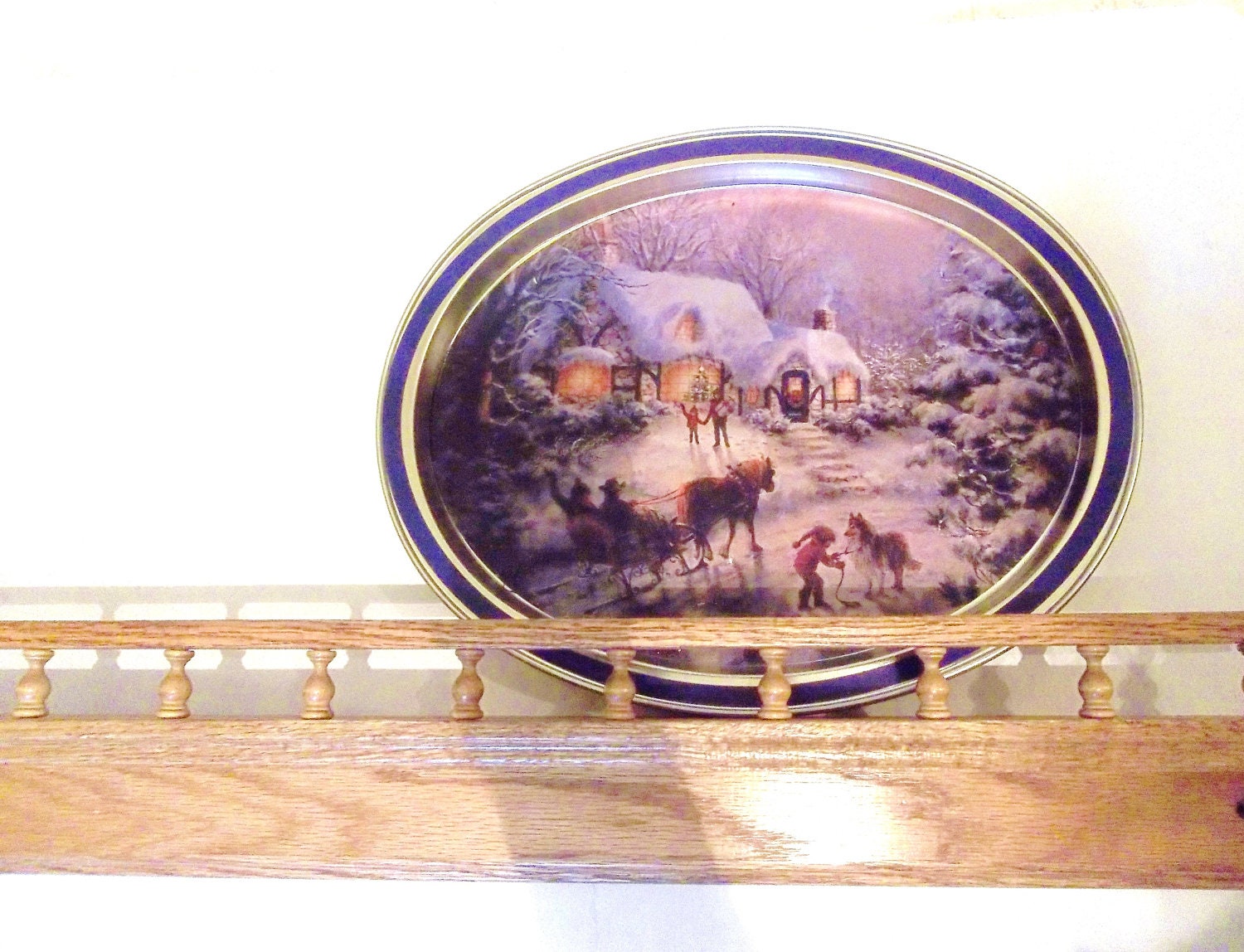 Vintage Wood Shelf Ledge Plate Rail Oak Finials Home Decor