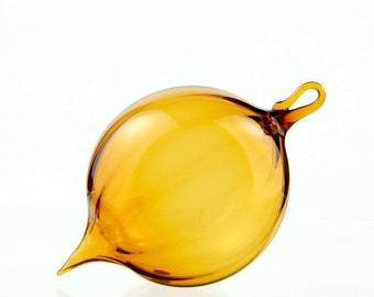 Hand Blown Glass Ornament, Scalloped Amber Yellow