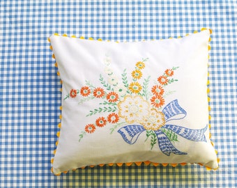 Floral Bouquet Pillow- Vintage Hand Embroidery- Cottage Chic Decor- Recycled- Shabby Chic-Includes Insert