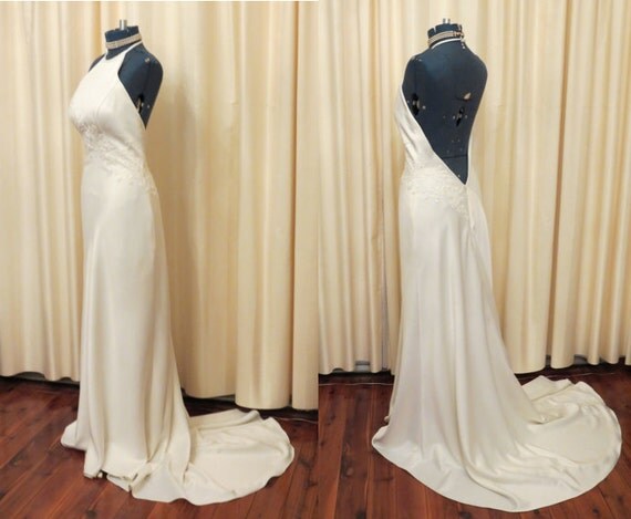 Vintage Sexy Satin Ivory Off White Halter Top Wedding Dress