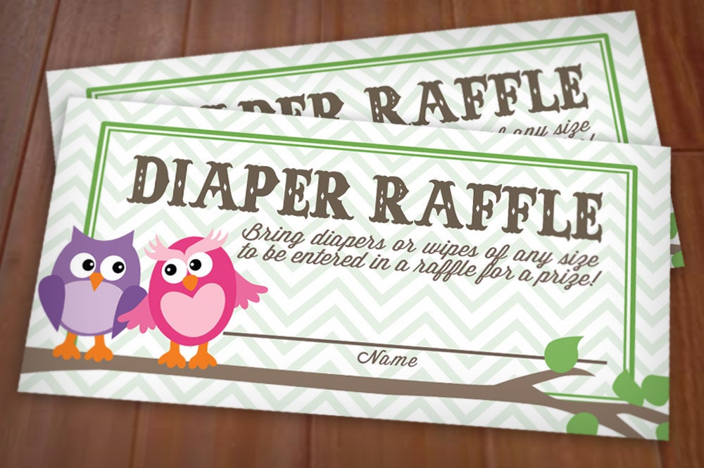 owl diaper raffle printable ticket in purple and pink instant