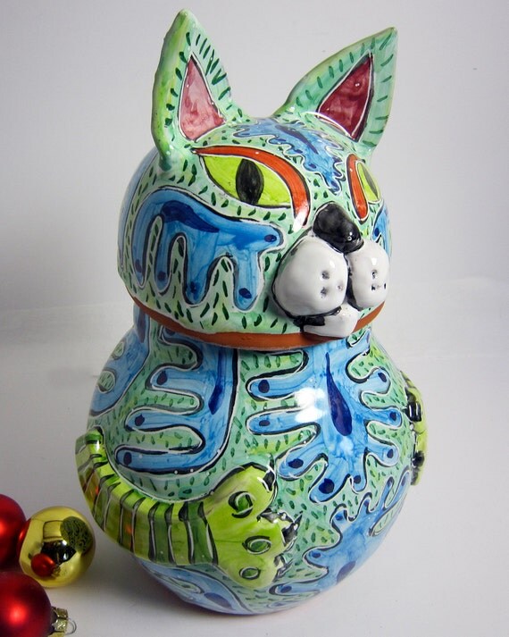 Cat Treat Jar Ceramic Clay Majolica Pottery Urn Blue Green
