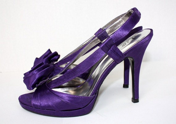 Purple Satin Slingback Pumps Heels Roses OpenToe Prom Party