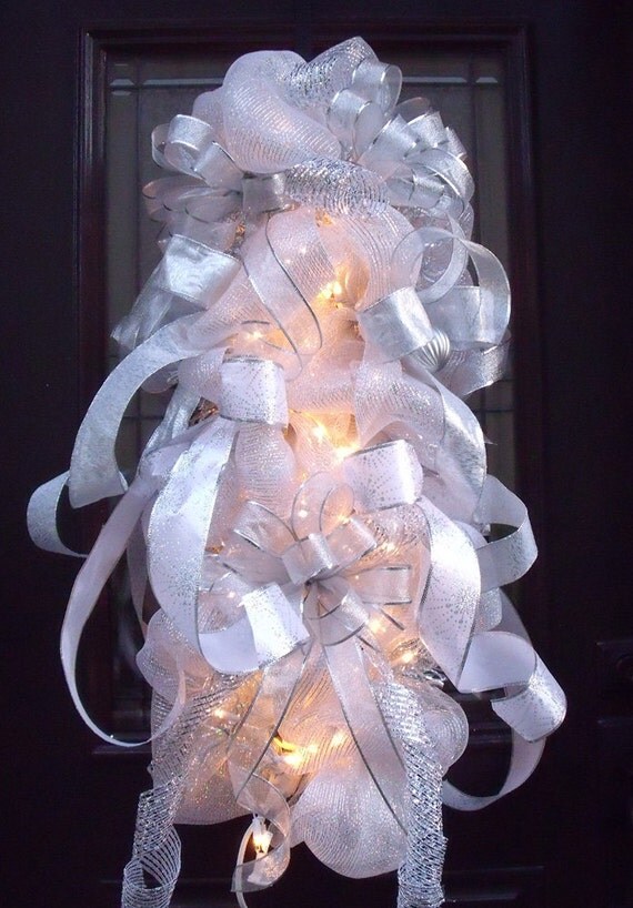 Deco Mesh Swag Christmas Swag LIGHTED Swag Silver and