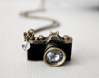 Camera Necklace. black leather camera necklace. miniature camera. unique camera. long chain camera