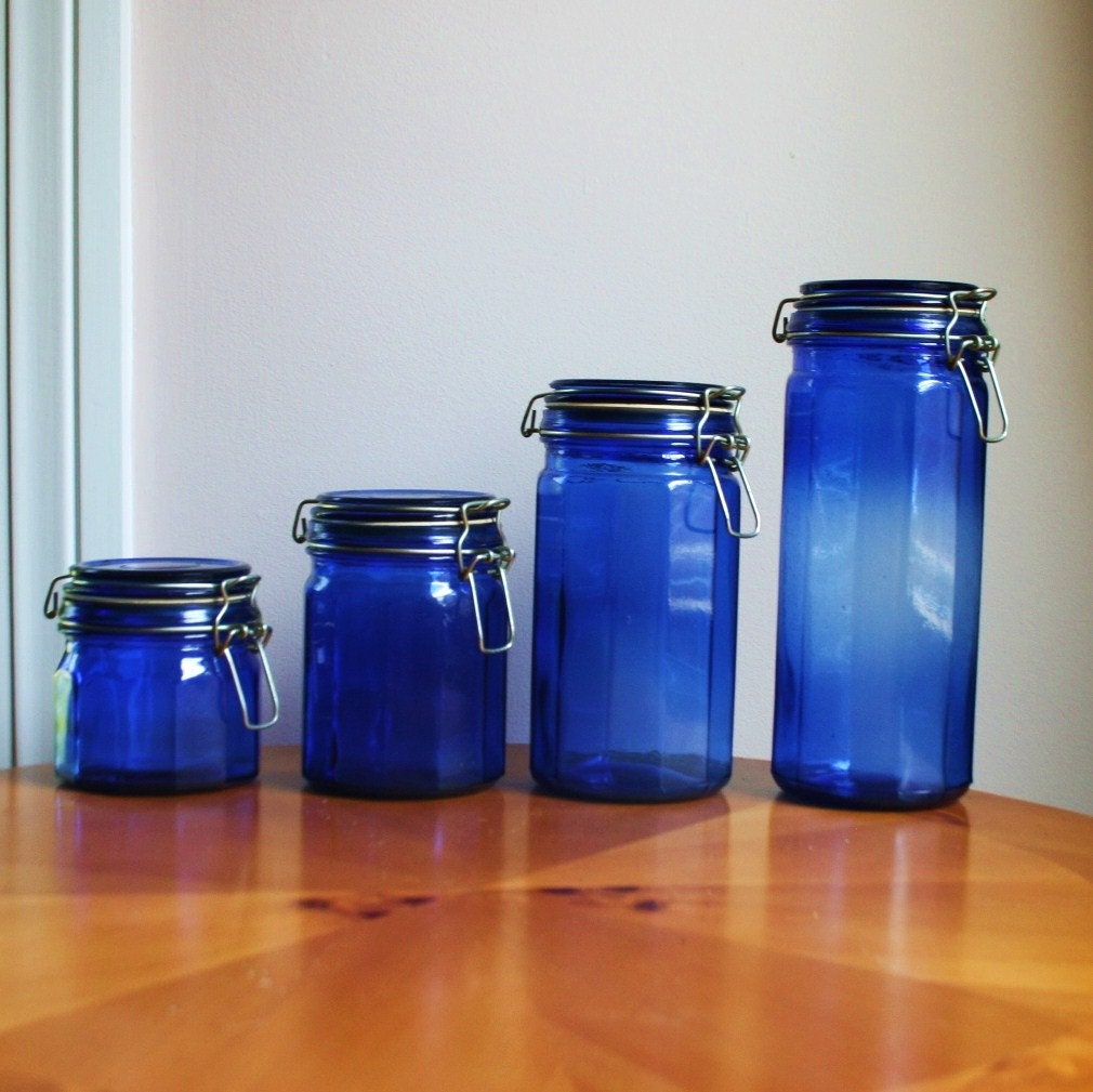 Vintage Set Of 4 Cobalt Blue Glass Canisters