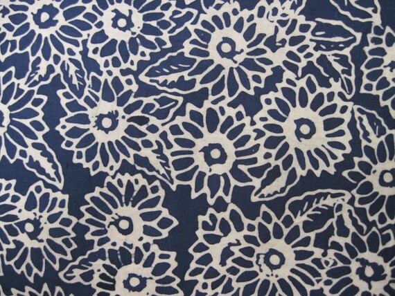 Blue and White Floral Batik Print Fabric 1yd