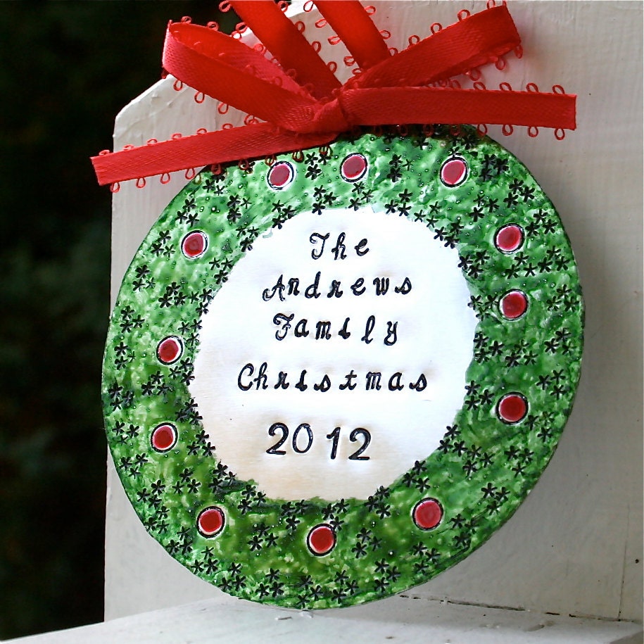 Hand Stamped Enameled Family Christmas Ornament - Hard Anondized Aluminum - LARGE 3 inch disc