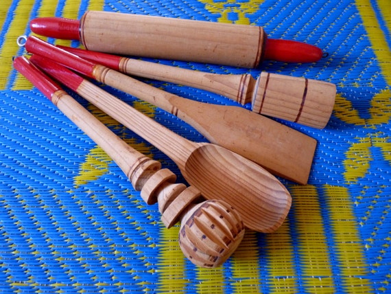 Vintage Mexican Wooden Kitchen Utensil Set And Hanging Rack   Il 570xN.398510686 G7d9 