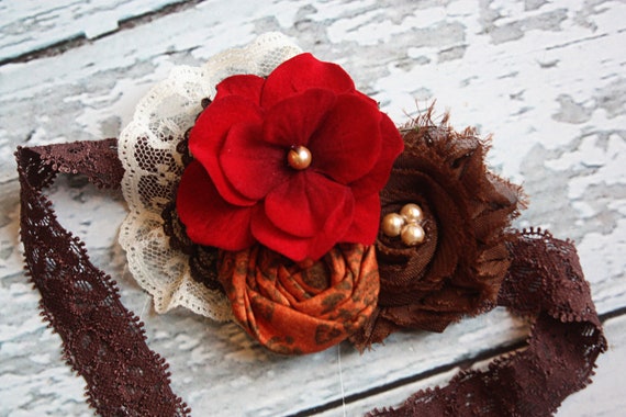 Thankfulness- Crimson, ivory, brown and orange rosette fall inspired headband with lace