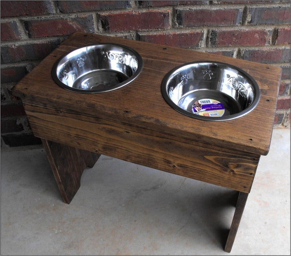 Dog Bowl Stand Large Stained Wooden 12'' Tall Two