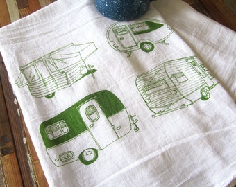 Tea Towel - Screen Printed Flour Sack Towel - Absorbent Kitchen Towel - Vintage Campers - Camping - Classic Flour Sack Towel - Eco Friendly