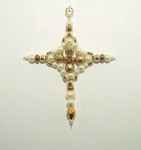 Suncatcher  Cross   Pearl cross charm car Ornament and  Cream Gold Charm      Car