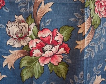 SALE 40s 50s Blue Floral Barkcloth Vintage 1940s 1950s Curtain Panel Fabric