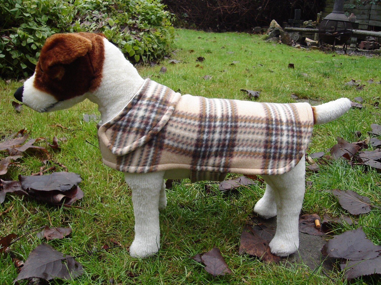 Dog Jacket Brown Tan and Cream Plaid Fleece Dog Coat Size