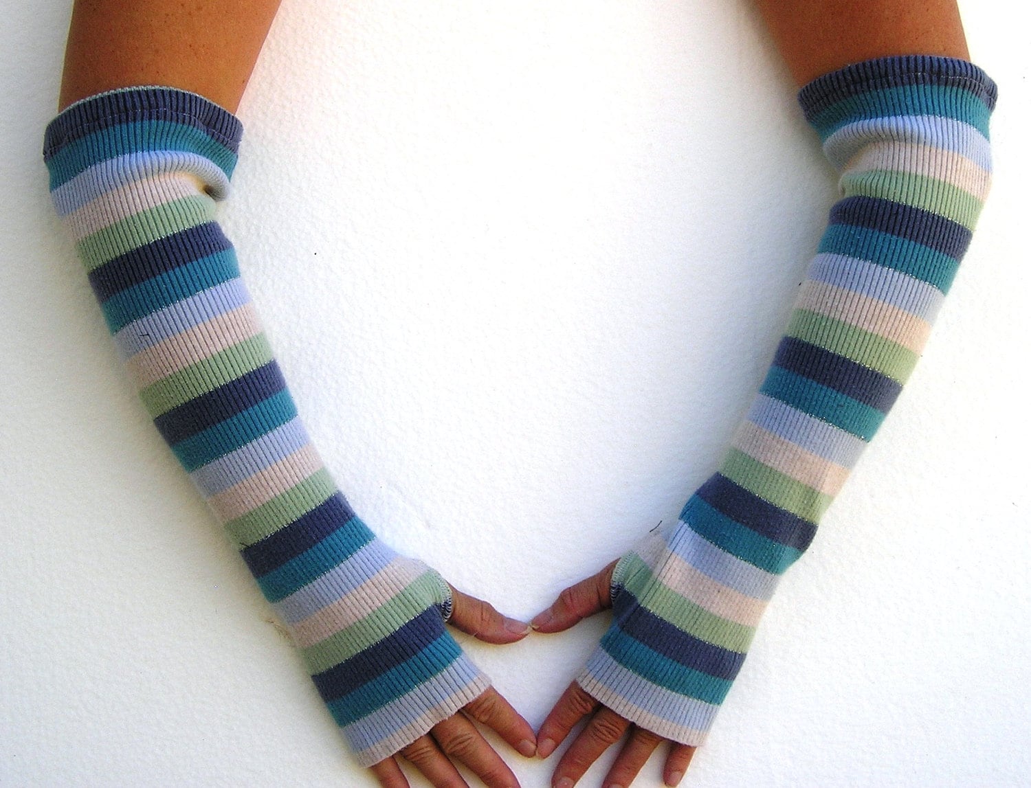 Recycled Sweater Arm Warmers Blue Stripe Fingerless Gloves