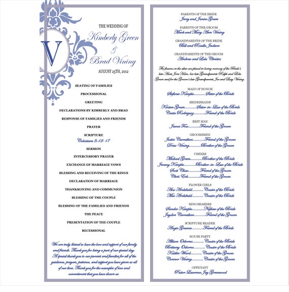 Items similar to 2 - Sided Wedding Program Printable - Color is ...