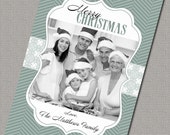 Unique Holiday Cards, Christmas Cards, Green herringbone and damask, printable file (466) Il_170x135