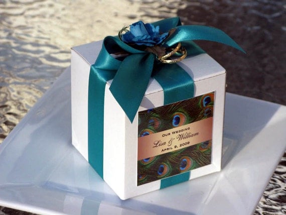 personalized PEACOCK wedding favor boxes - 3 inch square