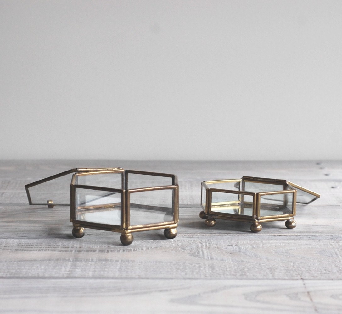 Vintage Glass Curio Display Boxes / Brass and Glass Hexagon