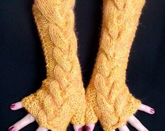 Fingerless Gloves Cabled Mustard Yellow Arm Warmers L Size