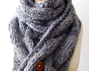 Grey Chunky Scarf Thick Cabled Handknit Cowl Winter Accessory