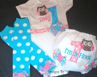PERSONALIZED 1ST BIRTHDAY Onesie, Bloomers Diaper Cover and Leg Warmers Set - Smash Cake Outfit -Appliqued Owl in Bubblegum Pink and Blue