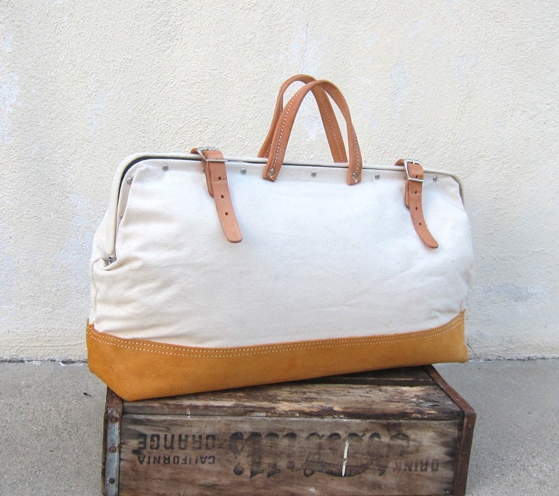 Large Off White Canvas Tool Bag w/Tan Leather Suede Trim