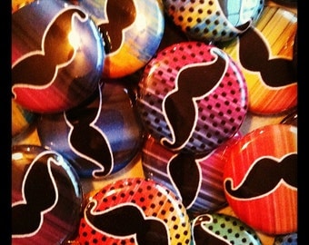 Mustache Buttons - Set of 20 - 1" Hollow Back, Flat Back, or Pin Back Buttons - Party Favors and Birthday Favors