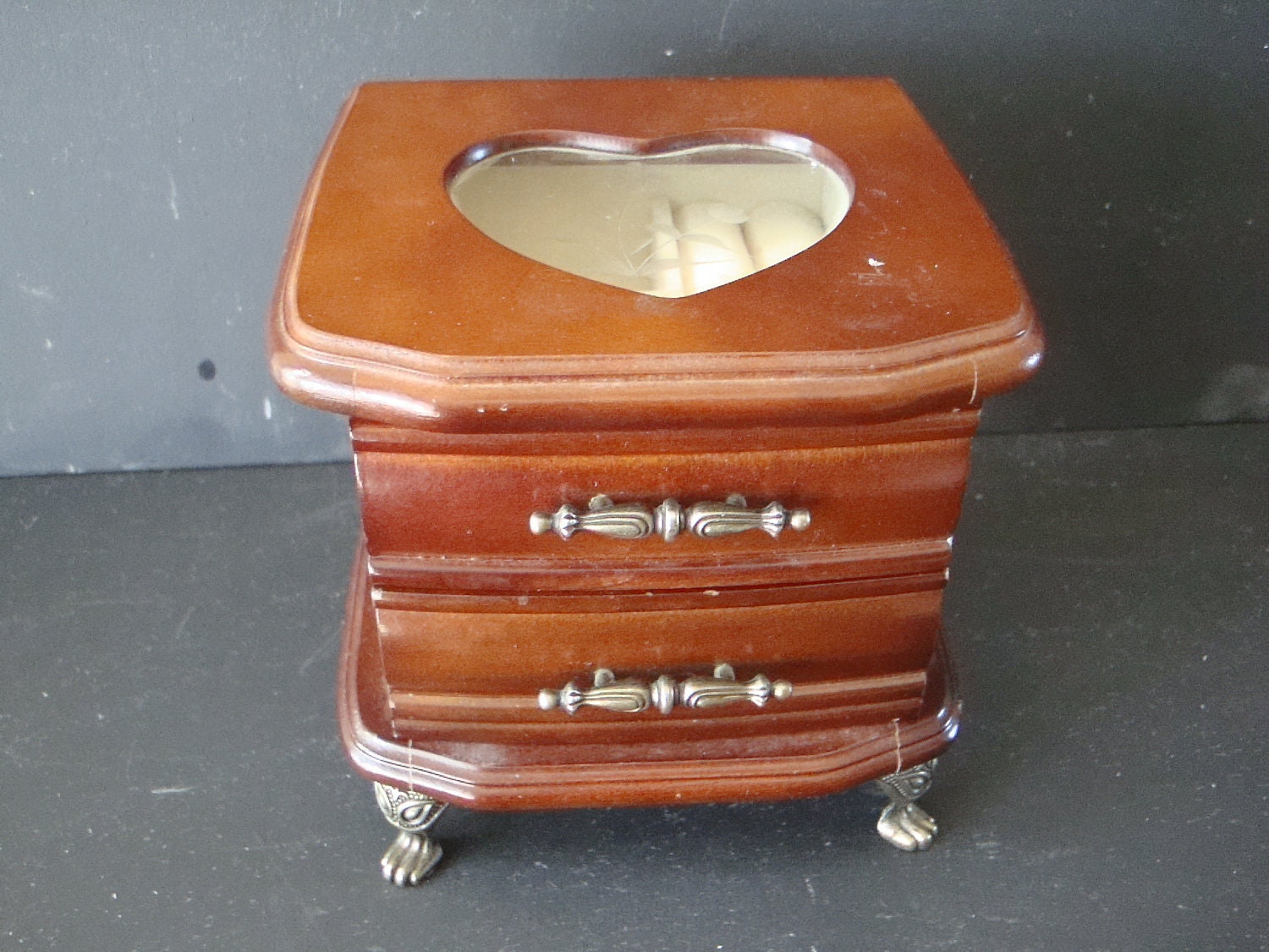 Vintage Jewelry Box Wooden Brass Legs Cream Interior Sweet