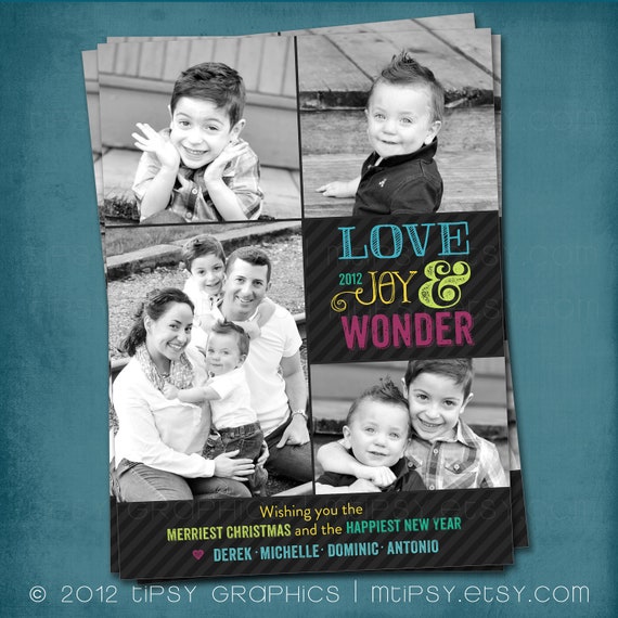 Love Joy Wonder. Colorful Modern Multi Photo Holiday Card. Any text, for 1 or more photos. By Tipsy Graphics Il_570xn