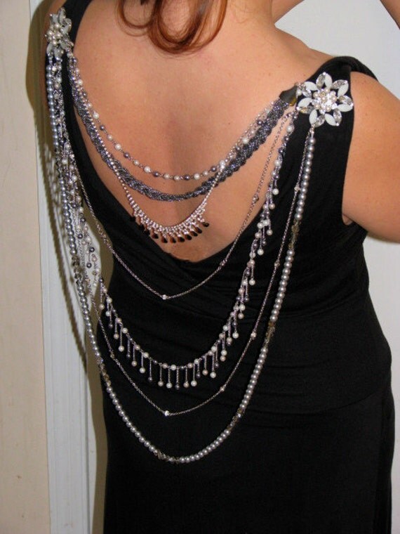 Grey faux pearl rhinestone and silver drape or by