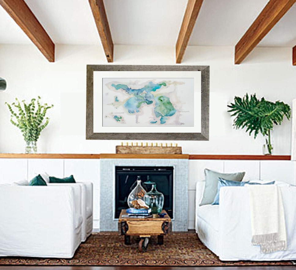 Over the Fireplace Original Watercolor Map Painting enormous