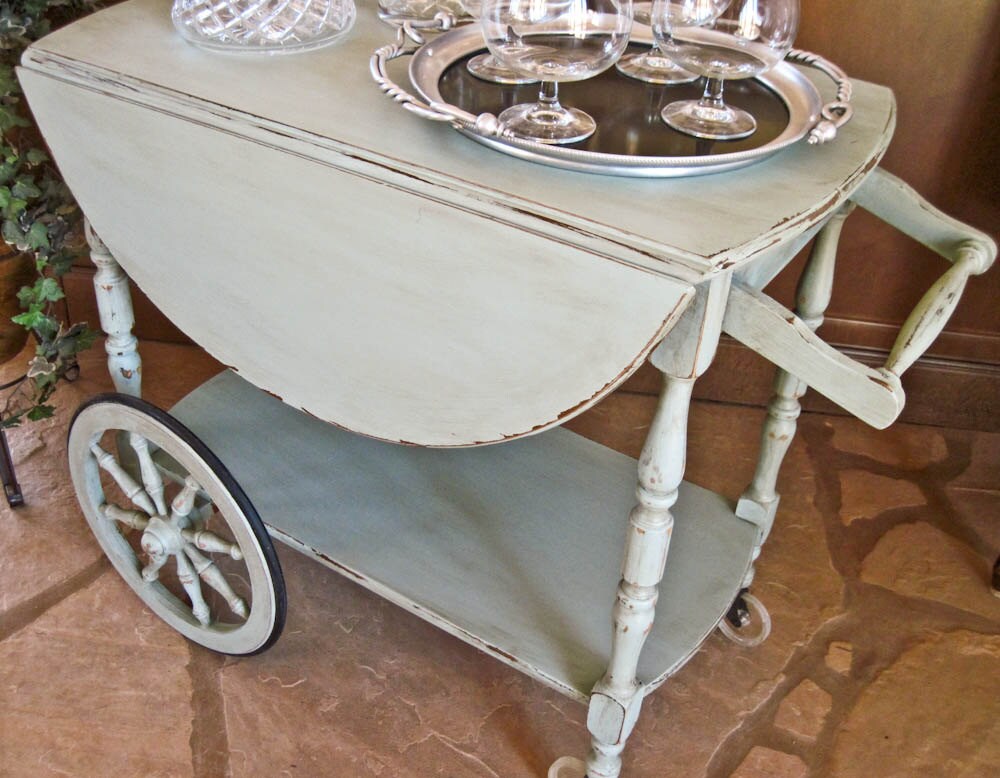 Wooden Drop Leaf Vintage Tea Cart Hand Painted Cottage Chic