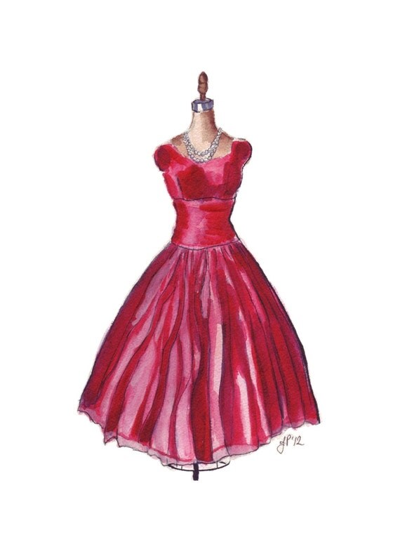 8x10 Print Red Dress Watercolor Painting Fashion