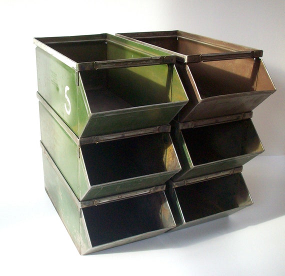 Vintage Industrial Metal Stacking Bins / Set of 6 / Storage