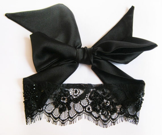NATALIA Black silk Lace Eye mask and silk bow ties, Halloween costum by Lalilouche steampunk buy now online