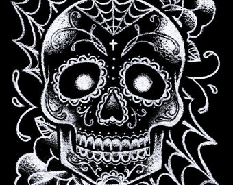Sugar Skull Tattoo Art Signed Print - Black and White Day of the Dead Sugar Skull Tattoo Flash Wall Art Drawing 5x7, 8x10, or Apprx 11x14 In