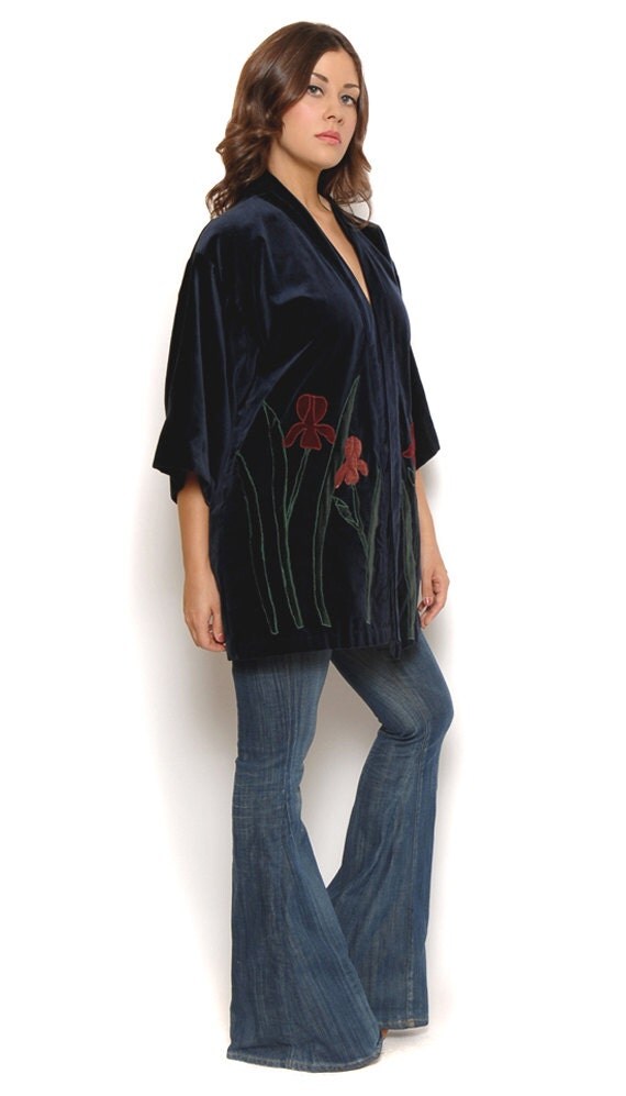 70s Kimono Jacket Midnight Blue Velvet Embroidered Orchids