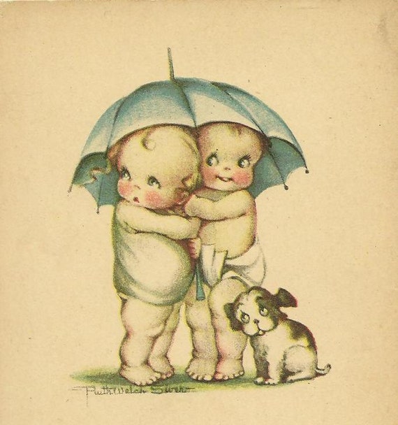 Romantic Ruth Welch Silver Vintage Postcard Kewpie Children Sharing an Umbrella